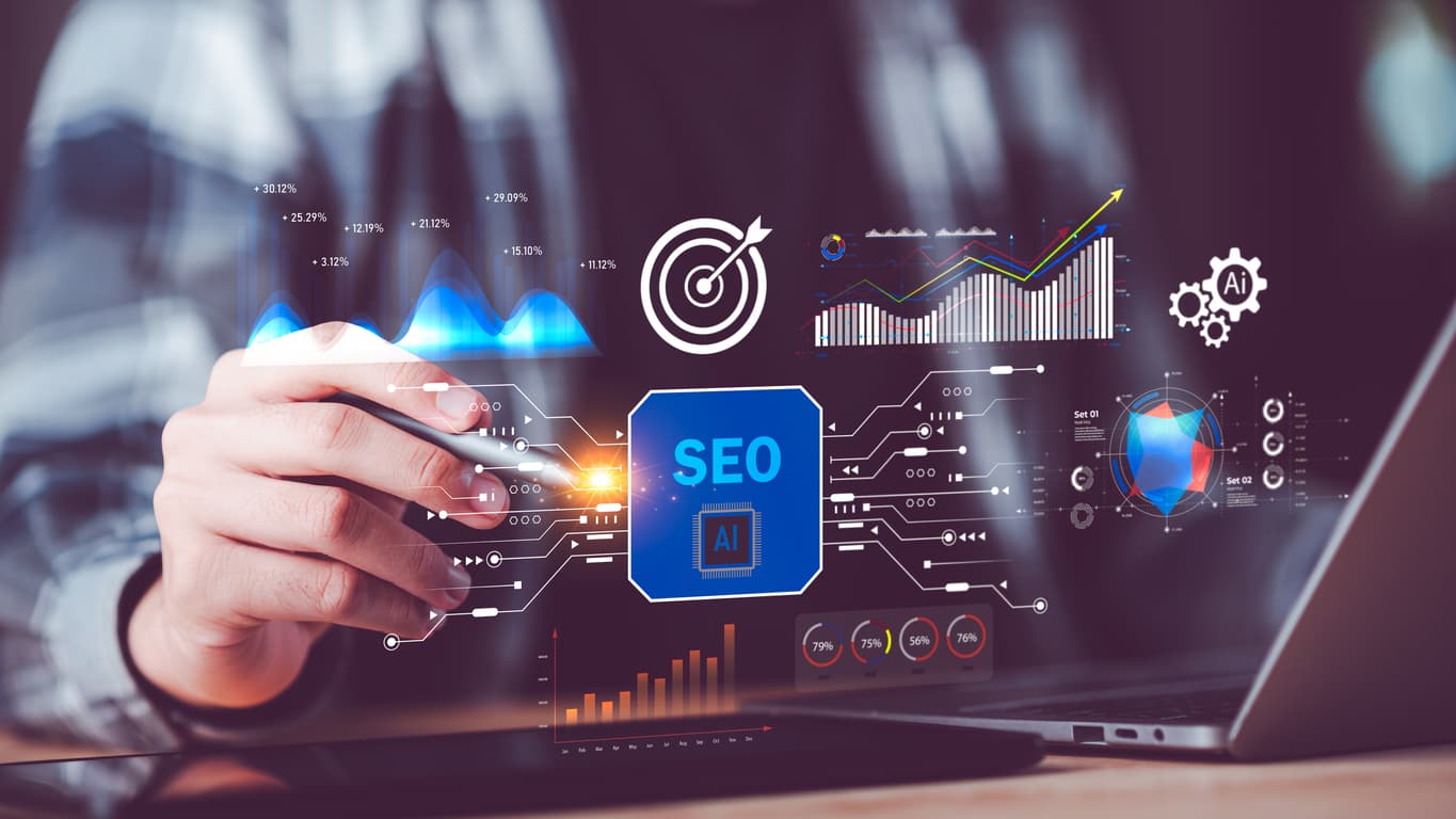 digital marketer holds a pen pointing to a data-driven graph, SEO concepts, optimization analysis tools, search engine rankings, insights from social media platforms based on performance data.