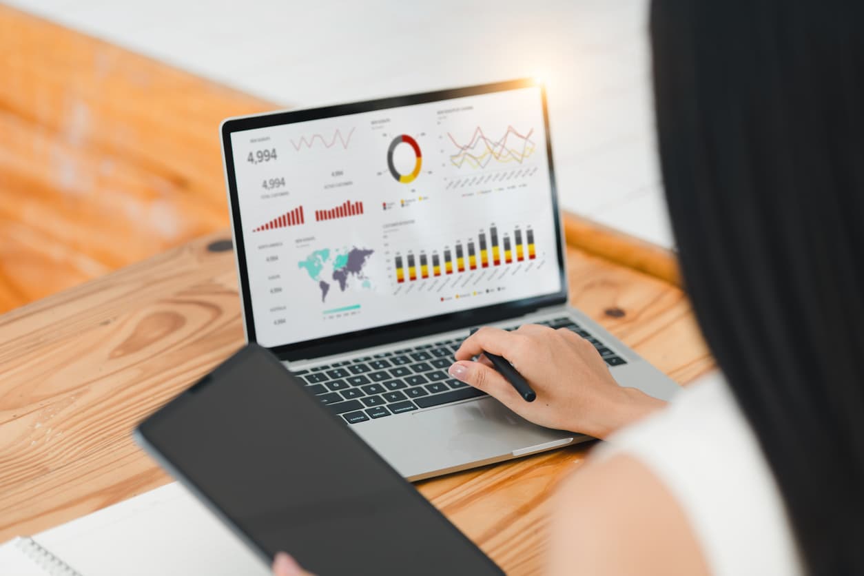 A marketer analyzing graphs and charts on a computer screen