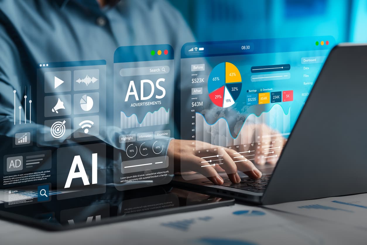 Online sales and advertising concept using digital tools and social media for marketing products